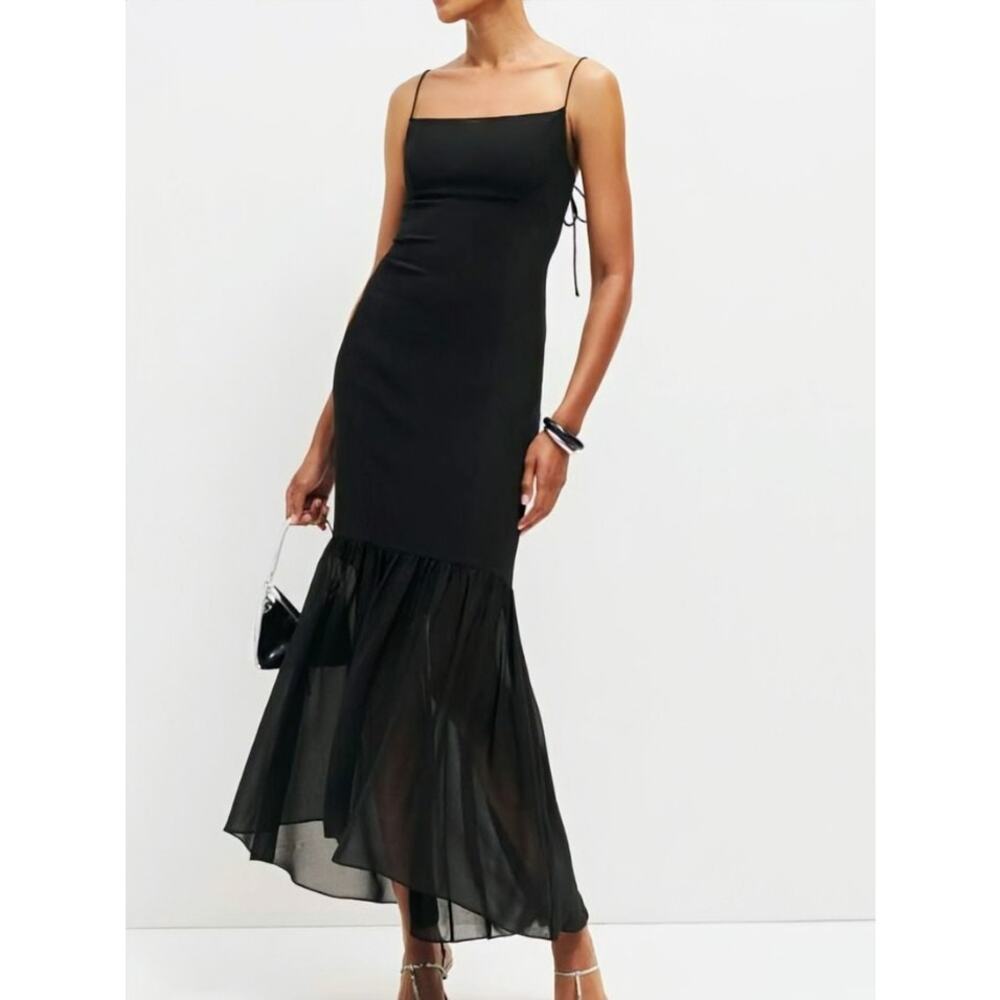 Reformation Aimee Black Chiffon Maxi Slip Dress Sheer Overlay Tie Strap Tier 10
